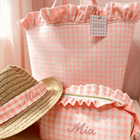 Bolsa de Mano de Tela de Algodón, Suave, Duradera, Abierta, de Gran Capacidad, para Primavera/Verano, con Diseño a Cuadros, Personalizada con Bordado Cursivo