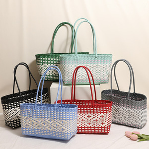 Fashion Plastic <strong>Woven</strong> Shoulder <strong>Bag</strong> - New Vegetable <strong>Basket</strong> Tote, Diamond Straw Beach <strong>Bag</strong> Vacation Resort Handbag - Product Image 1