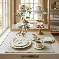 En gros, Service de table Chinoiserie en céramique à motif oiseau et bambou, Assiettes en porcelaine fine personnalisées, Tasses à thé et à café avec soucoupes