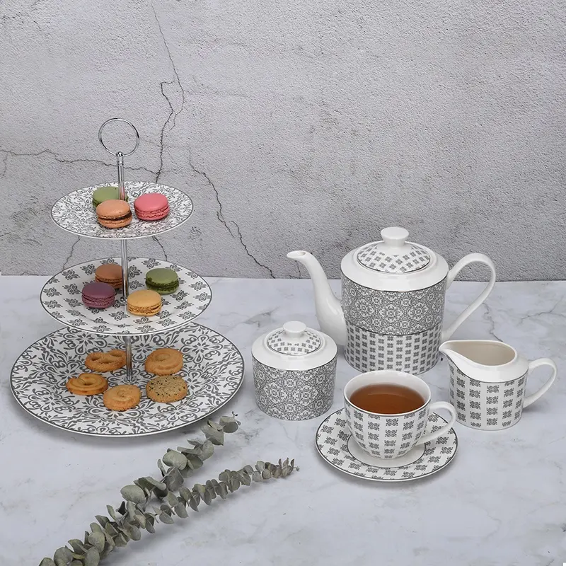 Tea Sets with Creamer and Sugar Pot Teapot Cup Set Grey Porcelain Vintage Silver Coffee & Tea Sets Ceramic English Botanic