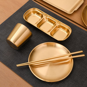 Ensemble de 6 baguettes coréennes en acier inoxydable dorées pour barbecue, restaurant, tasse, cuillère, 4 pièces d'assiettes à dîner, bol de service - Product Image 4