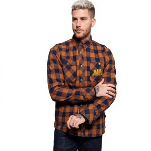 Camisa de Motociclismo JENNIFEN SPORTS JS-16, Franela, Color Naranja y Azul Marino, Diseño a Cuadros Buffalo, Forro de Aramida, Protección Completa con Armadura CE - Product Image 1