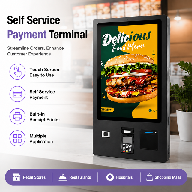 24/32 Inch Black Android POS Kiosk Touch Screen Payment Terminal Self Service Machine With Printer for Restaurant Retail