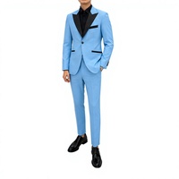 Costume de smoking bleu clair confortable en polyester pour homme, simple boutonnage, revers cranté, finition noire, tenue de cérémonie pour mariage et soirée