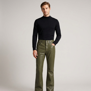 <b>Men's</b> High Waist Olive Green Leather Trousers Straight Fit Button Fly Smart Casual Autumn Wear - Product Image 1