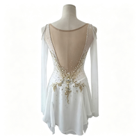 Robe de patinage artistique à manches longues et dos ouvert en strass or blanc, tissu en maille pour enfants et adultes, compétition sur glace