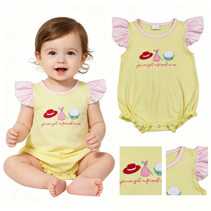 ชุดรอมเปอร์เด็กผู้หญิงปักลายน่ารัก สีเหลือง แขนระบายสีชมพู ชุดบอดี้สูทลำลองสำหรับเด็กทารก - Product Image 1