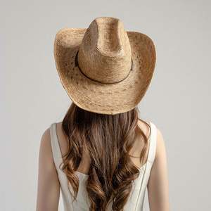 Chapeau de paille rétro tendance à grandes bords, motif feuille de palmier, style cowboy, pour voyage en extérieur et plage, avec cordon chinois - Product Image 3