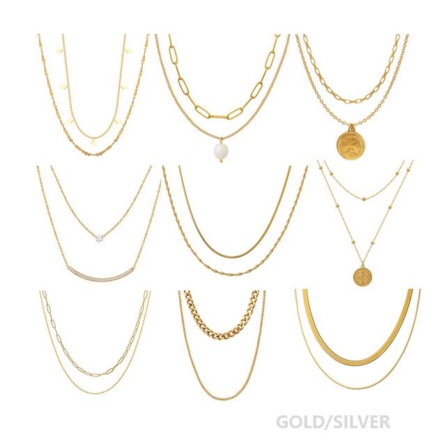 Fashion Jewelry Cubic Zirconia Gold Plated Charm Pendant Necklace Stainless Steel Double Layer Bead Chain Choker Necklace