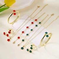 Juego de Joyería de 5 Piezas con Trébol de Cinco Hojas de Aleación de Zinc Chapado en Oro para Mujer, Pulsera, Collar, Pendientes, Anillo, Regalo de Boda