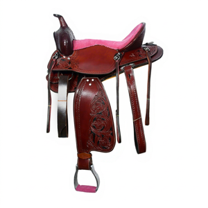Silla de montar occidental de cuero para caballo con acolchado rosa y diseño en relieve para equitación - Product Image 1
