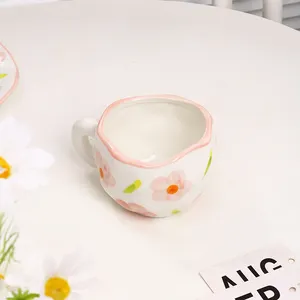Irregular Shape Little Flower Handmade Pottery Clay Coffee Mug Cups Handmade Ceramic Porcelain Mugs