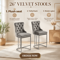 Ensemble de 2 chaises de bar modernes en velours gris, dossier capitonné, garniture à rivets, base en métal chromé