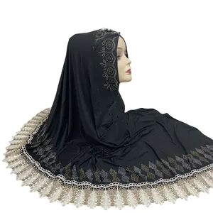 Syal bordir MS-2094, jilbab berlian imitasi baru kerudung doa Hijab 2023 musim semi dan musim gugur wanita 100% katun Muslim jilbab instan 12 buah