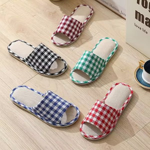 All Seasons Women Men Anti-Slip Checkered Linen Midsole Korean Style Open Toe Indoor <b>Slipper</b> - Product Image 6