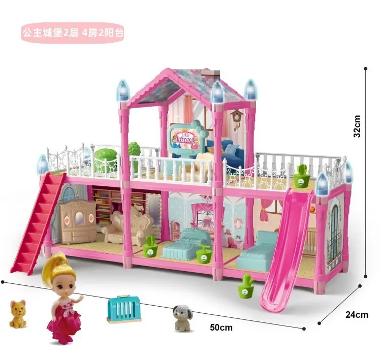 Juguete de Casa Rosa barato con juego de simulación de muñecas, juguete de casa de juegos de 4 habitaciones para niñas en edad de 112 piezas DIY