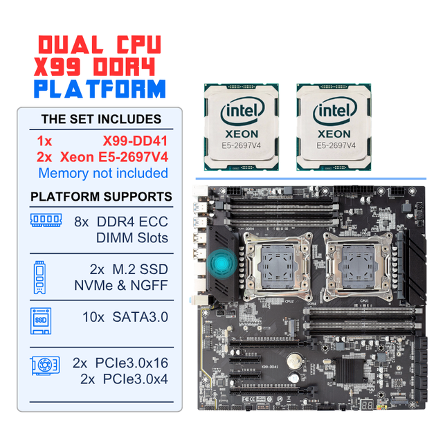 NEW X99 DUAL CPU Motherboard 8X DDR4 ECC RAM 2x M.2 SSD Kit Set with Dual Intel Xeon E5 2697 V4 X99 Motherboard Dual CPU