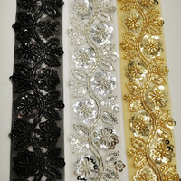 Bordure en dentelle à motif floral faite à la main avec des paillettes brillantes et des strass, en polyester/nylon, pour robes, sacs, chaussures - Accessoires pour mariage et abaya