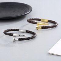 Bracelet Manchette en Cuir de Vache Tressé, Bijoux Fantaisie en Acier Inoxydable avec Fermoir Magnétique à Vis, pour Hommes et Femmes