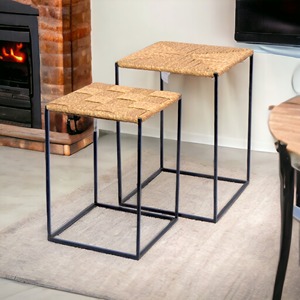 Modern Design Hand Woven <b>Side</b> <b>Table</b> <b>Black</b> Metal Iron Frame for Home Hotel Restaurant Office Set of 2 for Living Room <b>table</b> - Product Image 6