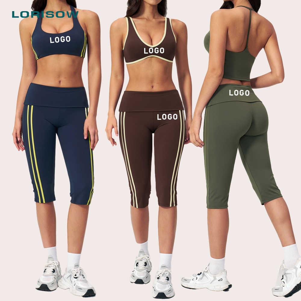 LORISOW Color Block Sports Bra Quick Dry Fitness Top Booty Lift High Waist Capri Yoga Pants Gym Set Women Activewear OEM Custom