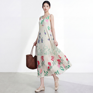 Romantic Floral Print Chiffon Midi <b>Dress</b> Ruffles Sleeveless Pleated Hem Modern Fit Polyester Breathable Summer Autumn Ruched - Product Image 3
