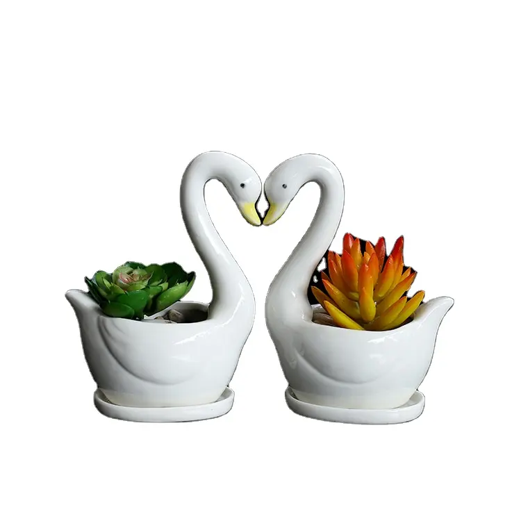 Hand painted Elegant Swan Succulent Planter Pot, White Ceramic Cactus/Flower Container, Desktop Bonsai Holder with Drainage Tray