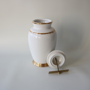 白と青の釉薬をかけた陶器の骨壺、ゴールドのトリムが付いたクラシックな記念火葬葬儀用骨壺、密閉蓋付き - Product Image 2