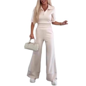 Abbigliamento <span class=keywords><strong>Donna</strong></span> Nuovo Completo Casual Manica Corta Tinta Unita Vita Alta Gamba Larga - Product Image 5