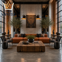 Ensemble de mobilier industriel pour hall d'hôtel avec canapé en cuir, fauteuils lounge, bureau de réception et buffet pour projets