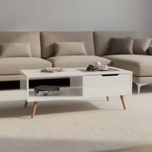 Tavolino da Caffè in Legno Ingegnerizzato Bianco 39.4x19.5x16.9 Pollici, Design Moderno Mid-Century Lucido, Arredamento per Soggiorno - Product Image 2