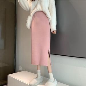Automne mode tricot jupes longues pour femmes taille élastique fendu jupe crayon coréen décontracté élégant doux Harajuku tricot rose jupe - Product Image 6
