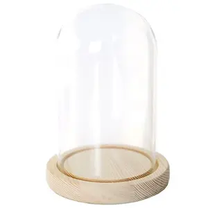 Hand Blown Decorative Clear Display Glass Cloche Aroma Candle Jar Dome Lid Cover With Natural Wooden Base