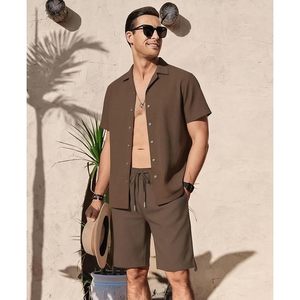Custom Mens Short Sleeve Shirt And Shorts <b>Set</b> 100% Cotton <b>Knitted</b> Breathable Summer Outfit - Product Image 2