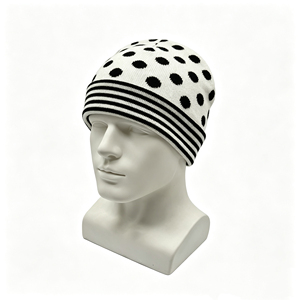 Bonnet tricoté jacquard à pois rétro chic personnalisé, chaud et doux, avec revers rayé, style décontracté, pour l'<span class=keywords><strong>hiver</strong></span> – Fournisseur de bonnets - Product Image 2