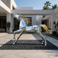 Sculpture de cheval au galop doré, en acier inoxydable poli, moderne, or et argent, décoration de jardin extérieur