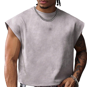 Тяжелая хлопковая французская махровые винтажные Промытые футболки без рукавов с необработанным краем укороченная мужская майка для лета - Product Image 6