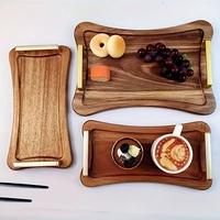 Plateau de service vintage en bois d'acacia de luxe léger avec poignée en métal, plateau en bois massif antiseptique pour le petit-déjeuner, les desserts et les collations