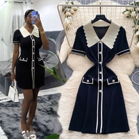 J5590 Boutique Women Dress Fashion Clothing Vendor Women Knitted Short Sleeve Dress POLO Neck Elegant Casual Mini Dresses