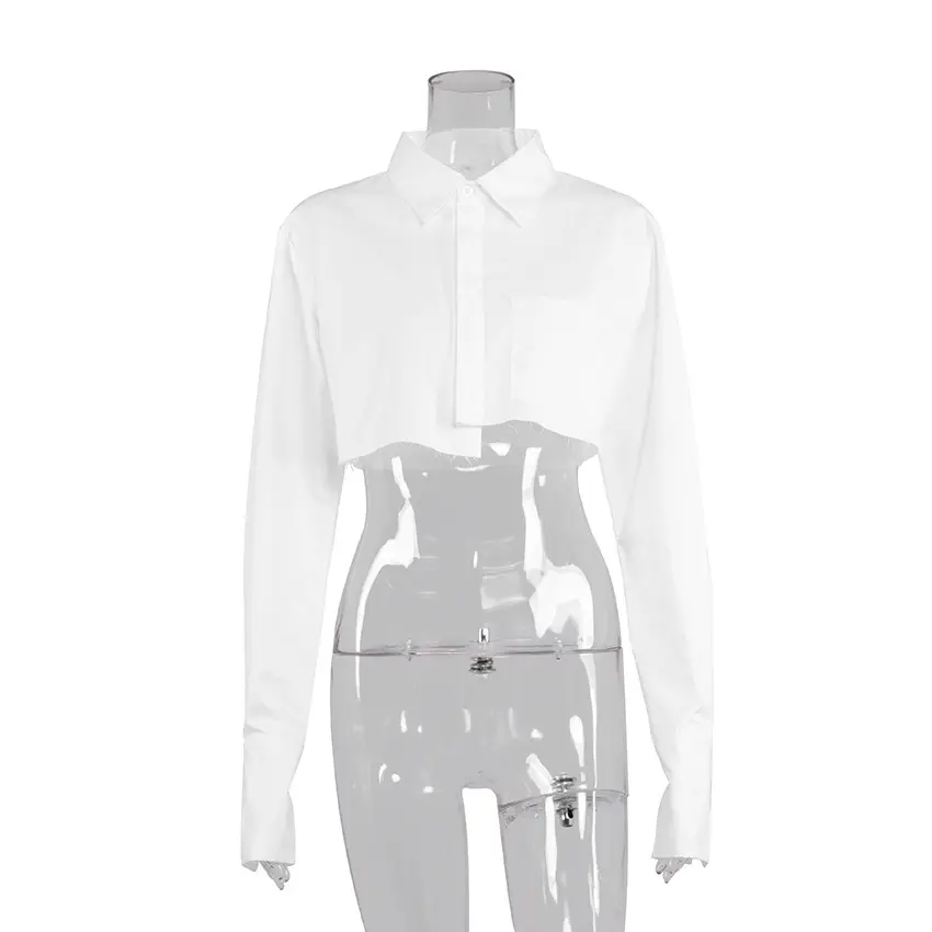 S-XLブラウスブラックホワイトイレギュラーデザインクロップトップターンダウンカラーシャツ女性用ブラウス