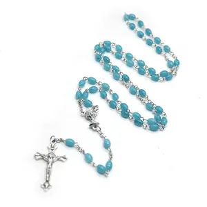 Collier de perles ovales en verre bleu pour femme, chapelet catholique, croix religieuse, 4x7MM