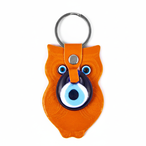 พวงกุญแจหนังเทียมสีส้มรูปนกฮูกพร้อมตาชั่วร้ายทำด้วยมือจากไก่งวง - Product Image 4