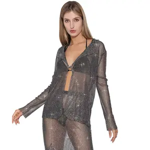 Rhinestone Diamond Club Party Top Fishnet Mesh Cape Cape Shawl Suit Jacket Long Sleeve Top