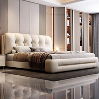 Lit double/grand lit moderne et minimaliste en cuir, avec rangement haut réglable, style crème, pour chambre principale, design italien minimaliste
