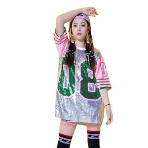 T-<span class=keywords><strong>shirt</strong></span> oversize ample streetwear hip hop # T-<span class=keywords><strong>shirt</strong></span> de <span class=keywords><strong>baseball</strong></span> Harajuku d'été pour femmes, couleur unie, paillettes brillantes, manches courtes - Product Image 6