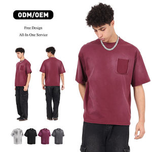 Camiseta de algodón puro 275GSM para hombre, con bolsillos, efecto lavado y bordes desgastados, manga corta - Product Image 1