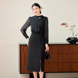 Plus Size Women's Mid Length Dress Black Mandarin Collar Sheer Layer Splicing Solid Color Elegant Slimming For Curvy Women - Product Image 2