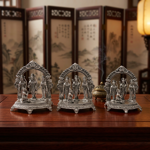 Ensemble de 3 statues Ram Darbar finition argentée, tailles graduées, représentant le Seigneur Rama, Sita, Lakshmana et Hanuman, pour la décoration religieuse de la maison et du temple - Product Image 2