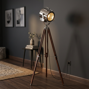 Lampadaire trépied nautique chromé avec projecteur, style industriel en bois pour la décoration intérieure - Product Image 4