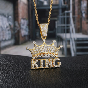 Iced Out <b>King</b> <b>Crown</b> Pendant Necklace 22K Gold Plated With Diamonds Men's Hip Hop Style Jewelry - Product Image 3